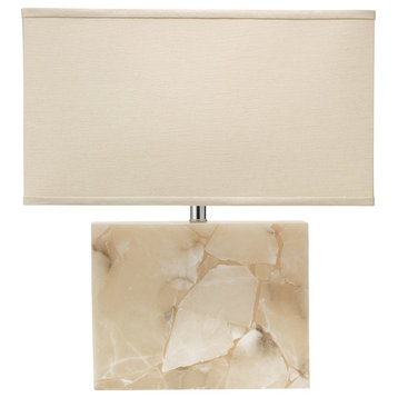 Large Borealis Table Lamp, Alabaster With Large Rectangle Shade, Stone Linen