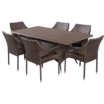 7 Piece Patio Dining Set, Large Rectangular Table With Wicker Chairs, Multibrown