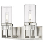 Innovations Lighting - Utopia 2 Light 8" Bath Vanity Light, Satin Nickel, Clear Glass - Modern and geometric design elements give the Utopia Collection a striking presence. This gorgeous fixture features a sharply squared off frame, softened by a round glass holder that secures a cylindrical glass shade.