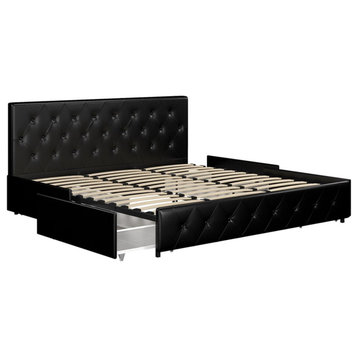 DHP Dakota King Upholstered Bed with Storage Drawers in Black Faux Leather