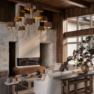 Antique Elm Paneling, Box Beams, and Flooring in Interlachen Modern Great Room
