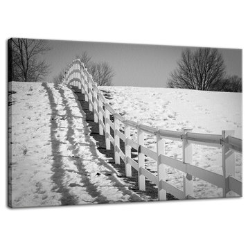 Endless Fence Rural Black & White Landscape Photo Canvas Wall Art Print, 12" X 16"