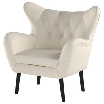 Mid Century Armchair, Wingback Design With Velvet Upholstered Seat, Ivory