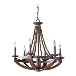 Feiss Adan 6-Light Chandelier in Rustic Iron and Burnished Wood Finish - Chandeliers