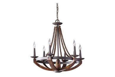 Feiss Adan 6-Light Chandelier in Rustic Iron and Burnished Wood Finish