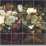 Picture-Tiles.com - Gustave Courbet Flowers Painting Ceramic Tile Mural #72, 72"x48" - Mural Title: Basket Of Flowers