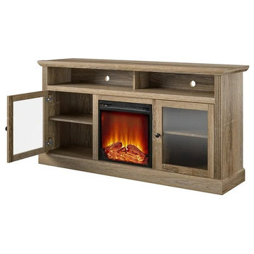 Classic TV Stand, Center Fireplace & Clear Glass Doors With Inner Shelf, Natural