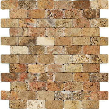 Scabos Travertine Brick Mosaic, 1 X 2 Cnc-Arched