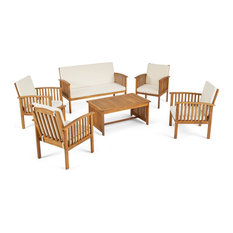 GDF Studio Parry Outdoor 6-Seater Acacia Wood Chat Set, Brown Patina Cream