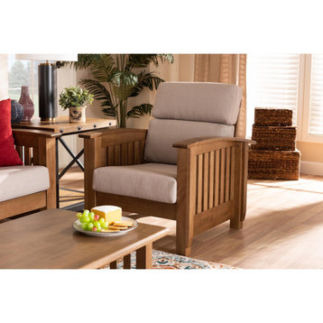 Mission Accent Chair, Slatted Rubberwood Frame and Removable Taupe Seat Cushions