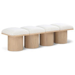 Meridian Furniture - Pavilion Black Boucle Fabric Bench, Cream, Natural Finish, 62" W X 18" D X 17.5" H - Bring valuable seating and remarkable style to your space with this cream Pavilion boucle fabric bench, an exquisite balance of style and usability for the entryway, bedroom, and beyond. Crafted from oak veneer with a natural finish, this bench has a 4-inch-thick seat cushion that's channel-tufted for a touch of luxury. The bench's columnar bases add a dash of art deco design, making it a captivating focal point in any room.