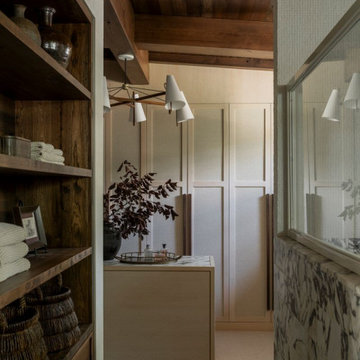 Antique Elm Cabinetry, Ceiling, and Beams in Modern Lakehouse Luxury Bathroom