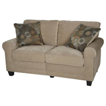 Bowery Hill Traditional Velvet Fabric Loveseat with 2 Pillows in Marzipan Beige
