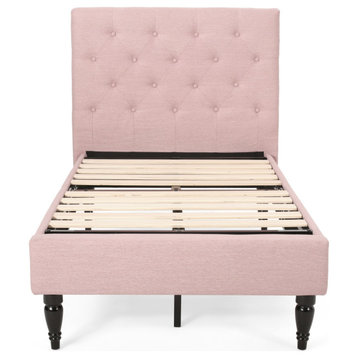 Adan Contemporary Upholstered Twin Bed Platform, Light Blush/Black