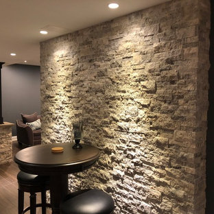 Design ideas for a large modern fully buried basement in Philadelphia with grey walls, terracotta flooring and brown floors.