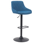 Armen Living - Anibal Adjustable Swivel Barstool, Black Metal With Blue - Elevate your everyday seating experience with the Anibal Swivel Adjustable Barstool'a sleek, versatile, and comfort-forward solution for modern living. Whether you're entertaining at your home bar, enjoying a casual breakfast at your kitchen island, or creating a conversation nook, the Anibal offers a stylish blend of mid-century elegance and functional design. This armless adjustable stool features a supportive, curved backrest and a plush padded seat, designed to deliver ergonomic comfort without taking up extra space. Upholstered in your choice of smooth gray faux leather or textured blue fabric, the Anibal adds refined contrast or vibrant personality depending on your design aesthetic. Its diamond-stitched backrest creates a tailored look that elevates any setting, while the 360-degree swivel and adjustable height mechanism give you full control over positioning and movement. The matte black pedestal base is finished with a wide, round foot and square footrest for added support and visual balance. Designed with both form and function in mind, the Anibal is ideal for dynamic environments where flexibility, comfort, and clean lines are key. Whether your home leans industrial, modern farmhouse, or urban chic, this stool blends effortlessly while enhancing your space with thoughtful detailing and exceptional comfort.