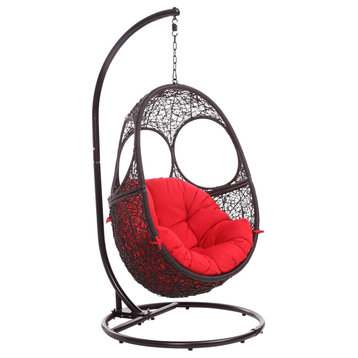 Modern Outdoor Malaga Swing Chair with Stand - Black Basket with Red Cushion