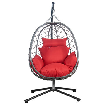 Leisuremod Summit Outdoor Egg Swing Chair in Gray Steel Frame, Red