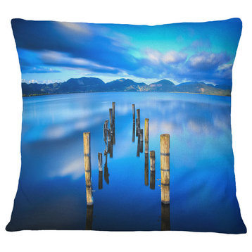 Wooden Pier Remains in Blue Sea Seascape Throw Pillow, 16"x16"
