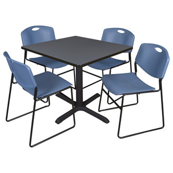 Cain 42" Square Breakroom Table- Grey & 4 Zeng Stack Chairs- Blue