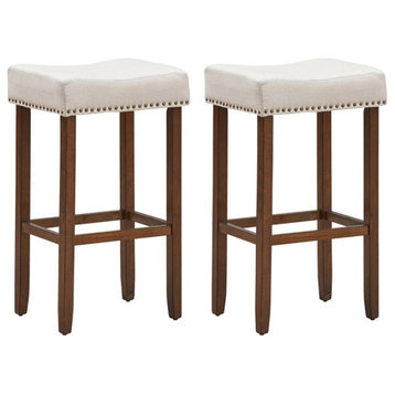 Costway 29.5" Rubber Wood Nailhead Saddle Barstools in Beige (Set of 2)
