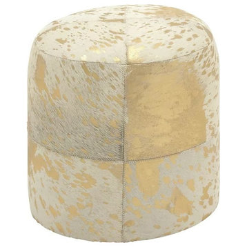 Modern Ottoman/Stool, Animal Patchwork Leather Upholstery, Gold/Round
