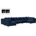Meridian Furniture - Tremblay Velvet Upholstered 7-Piece Modular U-Shaped Sectional, Navy - Lean back and relax on this Tremblay sectional. Featuring soft navy velvet upholstery with deep button tufting, this sectional adds a bold touch to any living space. A complete set of gold and chrome legs are included, so you can change it up to suit your home decor. This sectional is modular, so you can create infinite configurations with it, which are easily attached using the latch underneath the frame. Its contemporary design is perfect for the modern home.