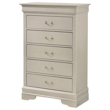 Louis Phillipe II Silver Champagne 5 Drawer Chest of Drawers