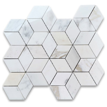 Calacatta Gold Marble Illusion 3D Cube Rhombus Diamond Hex Tile Polish, 1 sheet