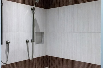Double shower - large transitional master beige tile and porcelain tile double shower idea in Miami