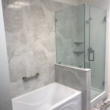 Silver White Marble shower w/ Subway tile embossed walls
