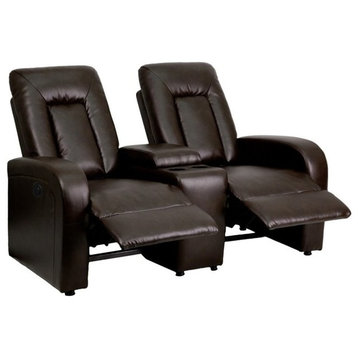 Bowery Hill 2 Seat Leather Reclining Home Theater Seating in Brown