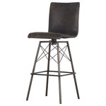 Four Hands - Diaw Bar Stool, Rialto Ebony - Raise the style bar with the midcentury styling of the Diaw stool. Modern S-curves in distressed black leather swivel 360 degrees above an architectural, black-waxed iron base.