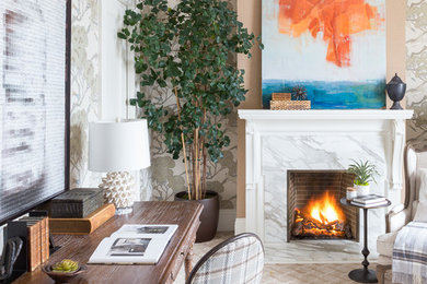 Bedroom - large transitional master carpeted bedroom idea in San Francisco with multicolored walls, a standard fireplace and a stone fireplace