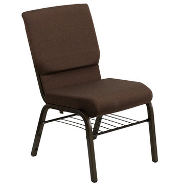 HERCULES 18.5''W Church Chair, Brown Fabric, Book Rack, Gold Vein Frame