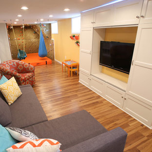 Inspiration for a medium sized traditional look-out basement in Minneapolis with yellow walls and no fireplace.