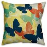 DDCG - Butterfly Print Outdoor Throw Pillow, 20"x20" - Add a little fun to your patio or bring the garden inside with our Butterfly Print Indoor/Outdoor Throw Pillow. This colorful butterfly print throw pillow can be used indoors or outdoors. The spun polyester fabric is stain, mildew and water resistant. Colors include navy blue, green, orange and yellow. This decorative throw pillow is designed, printed and assembled in the U.S.A.