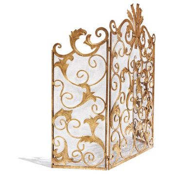 3 Panel Fireplace Screen in Gold with Scroll Design