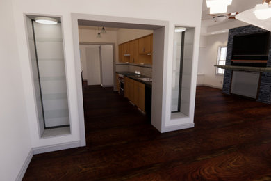 Mid-sized minimalist dark wood floor and brown floor kitchen/dining room combo photo in New York with white walls, a standard fireplace and a stone fireplace