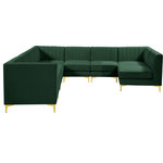 Meridian Furniture - Alina Velvet Modular U-Shaped Sectional, Green, 8-Piece: 5 Armless Chair, 3 Corner Chair - Bring modern beauty to your space with the addition of this Alina Velvet Modular sectional. This beautiful sectional features deep channel tufting to ramp up its visual interest and add to its resilient demeanor. Its soft green velvet upholstery blends nicely with existing elements in your room and is sleek to the touch, making this seat a super comfortable one. Part of the modular Alina collection, this sectional has a latch that attaches it to other pieces to create your custom seating arrangement.