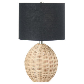 Boho Woven Rattan Table Lamp with Black Linen Shade, Natural