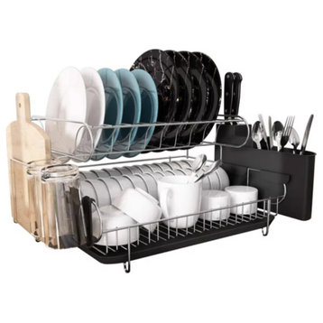 Double Tier Stainless Steel Dish Rack With Drainboard Set And Utensil Holder