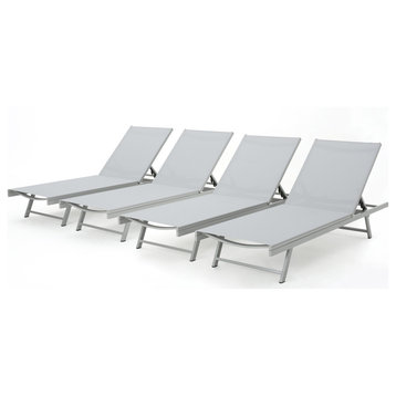 GDF Studio Allen Outdoor Gry Mesh Chaise Lounge With Aluminum Frame, Grey/Dark Grey, Set of 4
