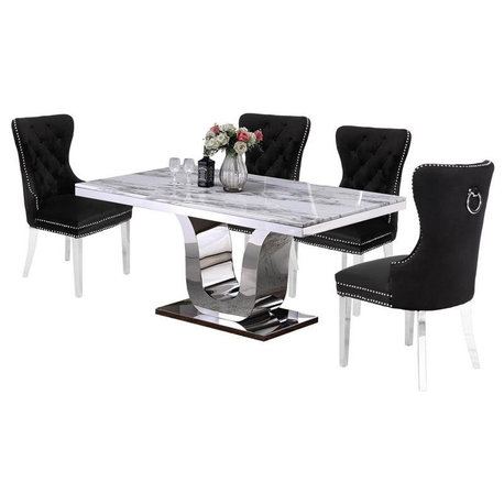 Rectangular White Marble 5 Piece Dining Set with Silver Stainless Steel Base