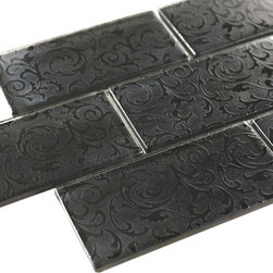 Black with Flower Pattern GLossy Subway Glass Mosaic Tiles - Home Accessories & Decor