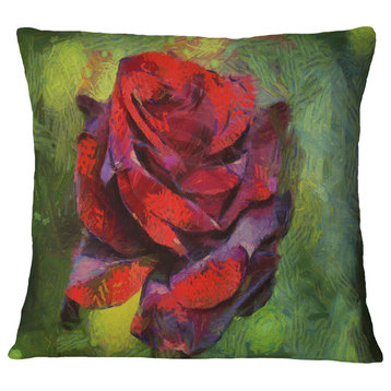 Red Rose Illustration On Green Floral Throw Pillow, 18"x18"