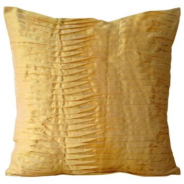 Mango Yellow Throw Pillows On Bed Art Silk 20"x20" Pintucks, Mango Souffle