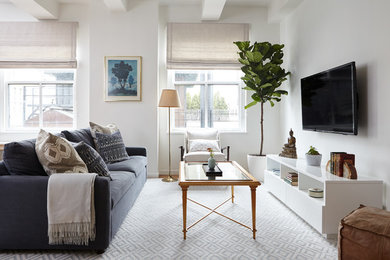 Family room - transitional open concept medium tone wood floor family room idea in New York with white walls and a wall-mounted tv