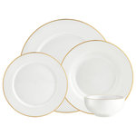 Godinger - Pique Gold 18 Piece Dinnerware Set - A slim band of gold adds understated elegance to this set. A classic, contemporary look, durability and versatility, this gold-rimmed dinnerware has a simple, clean look with a touch of sophisticated glimmer. 10.50D x 0.50H Dinner Plate, 7.50D x 0.50H Salad Plate, 8.50D x 1.50H Bread & Butter Plate, 4 oz 6.00D x 5.50H Dessert Bowl