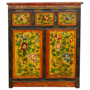 Antique Floral Tibetan Tall Cabinet